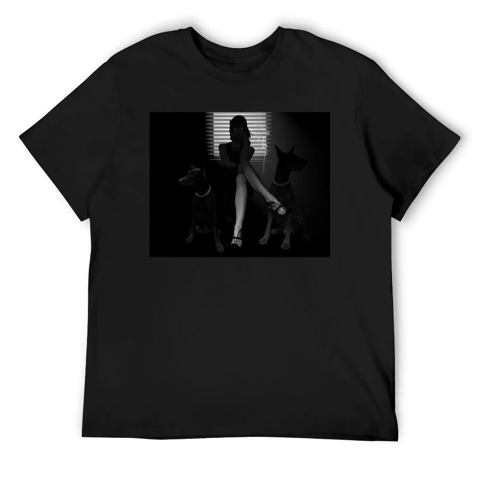 

film noir (Cross legged girl with 2 dogs beside her) T-Shirt summer 2025 luxury designer blanks men t shirt
