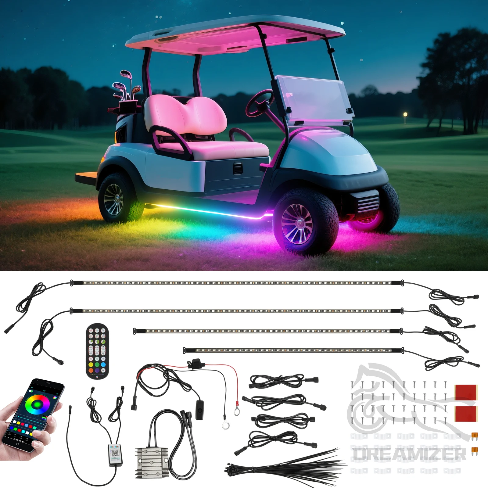 4PCS Golf Cart Underglow LED Light Strip Neon Accent Lighting APP/Remote Control Sound Active Music Sync For Yamaha Club Car