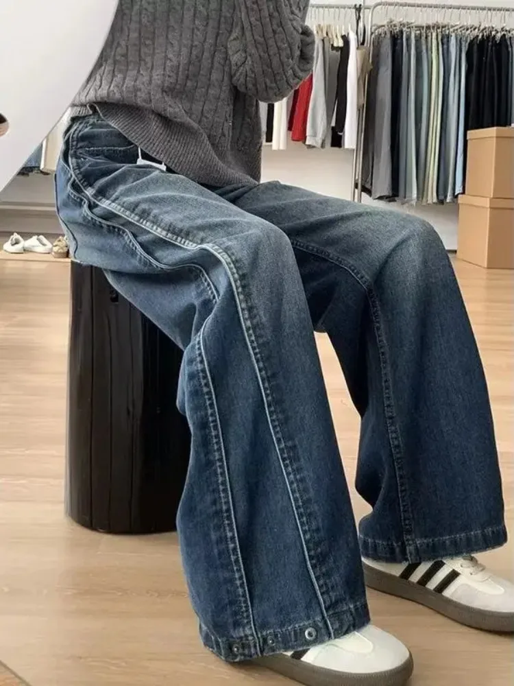 

Широкие джинсы больших размеров в американском стиле ретро, женские весенне-осенние прямые свободные утягивающие брюки длиной до пола