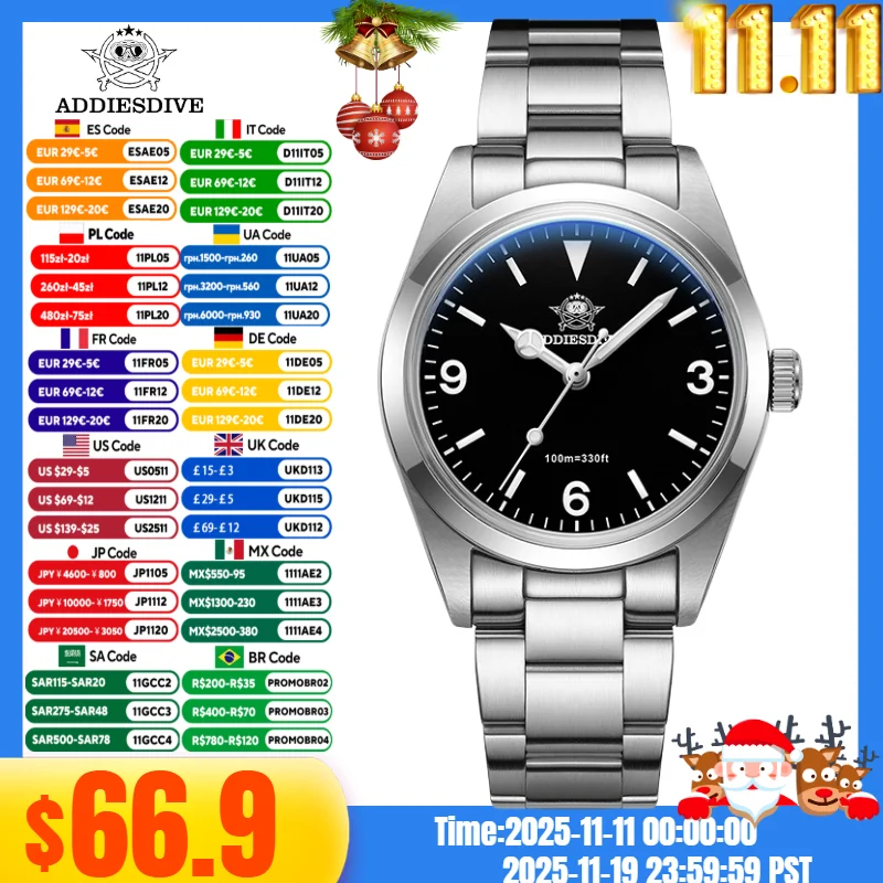 

ADDIESDIVE AD2023 36mm Men's Watch 100m Diver Bubble Mirror Glass Reloj Hombre BGW9 Super Luminous Quartz Watch Steel Watches