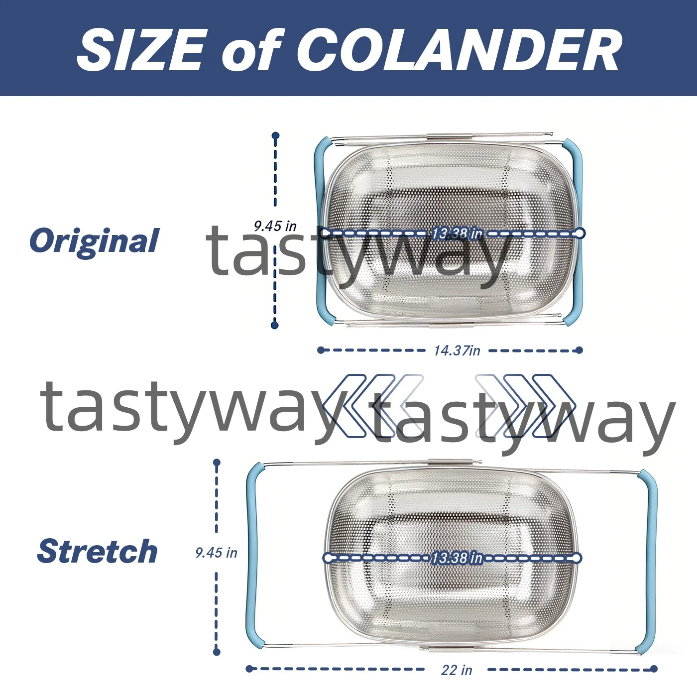 TastyWay Stainless Steel Retractable Drain Basket with Rubber Grip Handles Oval Colander for Sink Ideal Vegetables Draining Rack