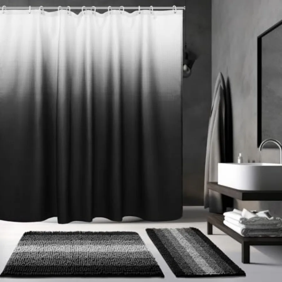 

3 Pcs Black Shower Curtain and Rug Sets with 12 Hooks, Waterproof Ombre Bathroom Shower Curtains Set for Hotel Bathroom Decor