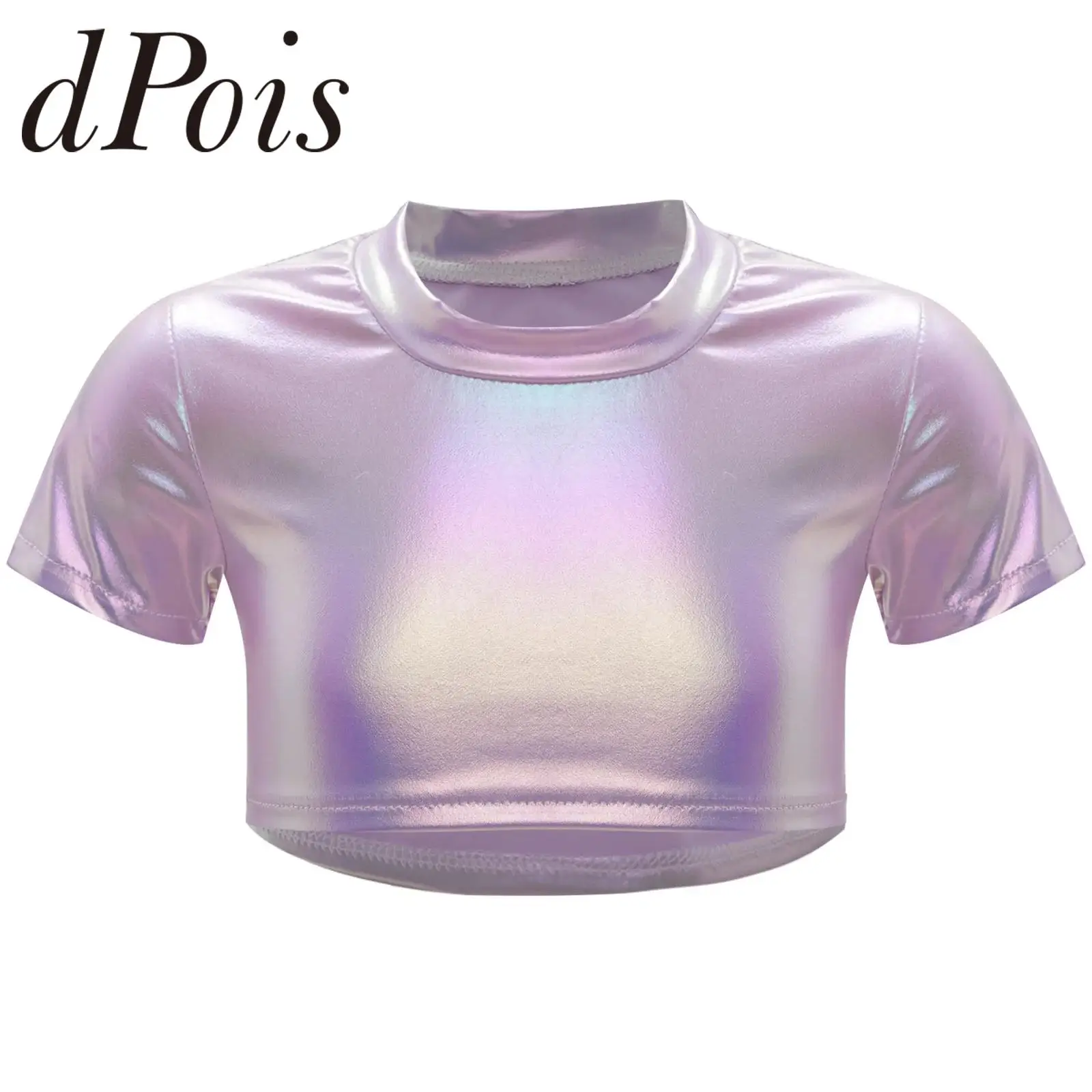 Kids Girls Hip Hop Jazz Dance Party Costume Metallic T-shirt Tops Short Sleeve Round Neck Crop Top Children's Stage Dancewear