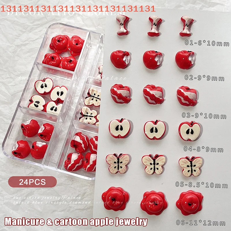 24 szt. Kreatywne ozdoby do paznokci z żywicy w kształcie czerwonych jabłek, płaskie plasterki owoców do samodzielnego zdobienia paznokci, słodkie akcesoria do manicure.