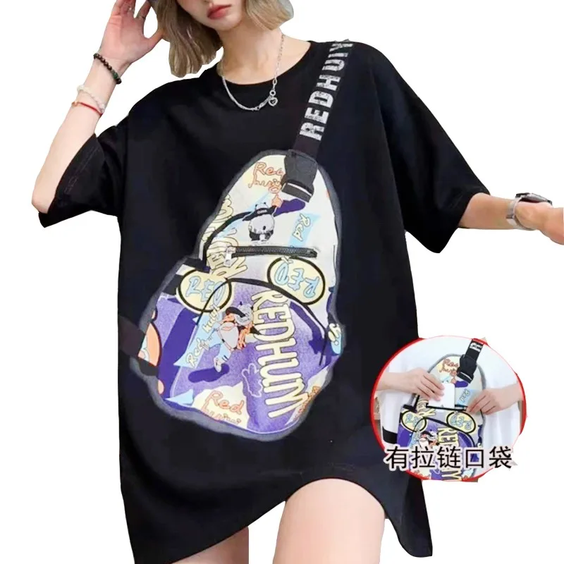 Summer Y2k Clothes New Messenger Bag Printed Pocket Zipper T-shirt Women Europea Style Casual Large Size Couple Casual Tees Tops