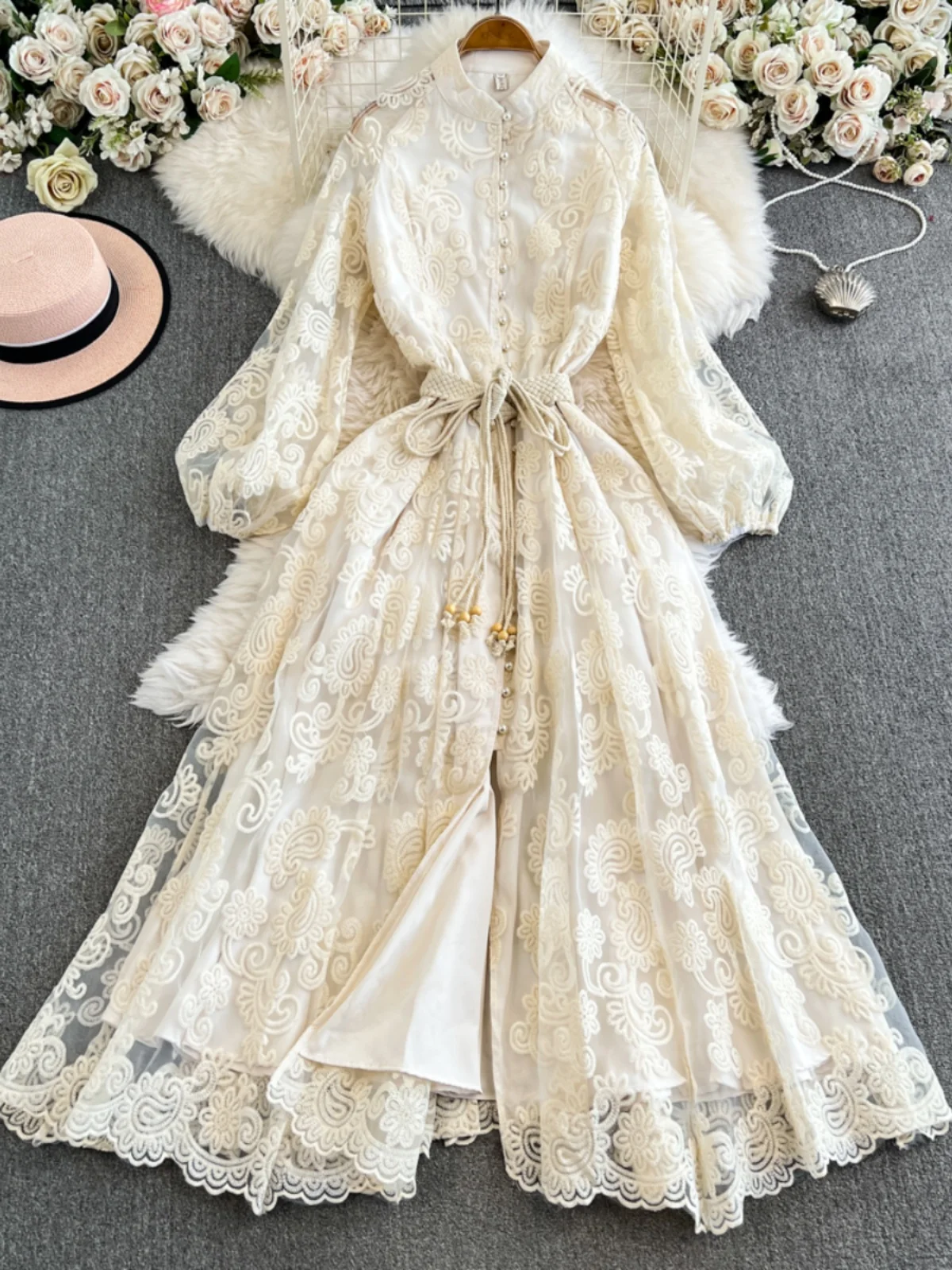 Ele Wasserlöslicher Blumenstickerei Puffy Rock Lang Dr Spitze aushöhlen Urlaub Sle Hohe Taille A-Linie Midi Dr