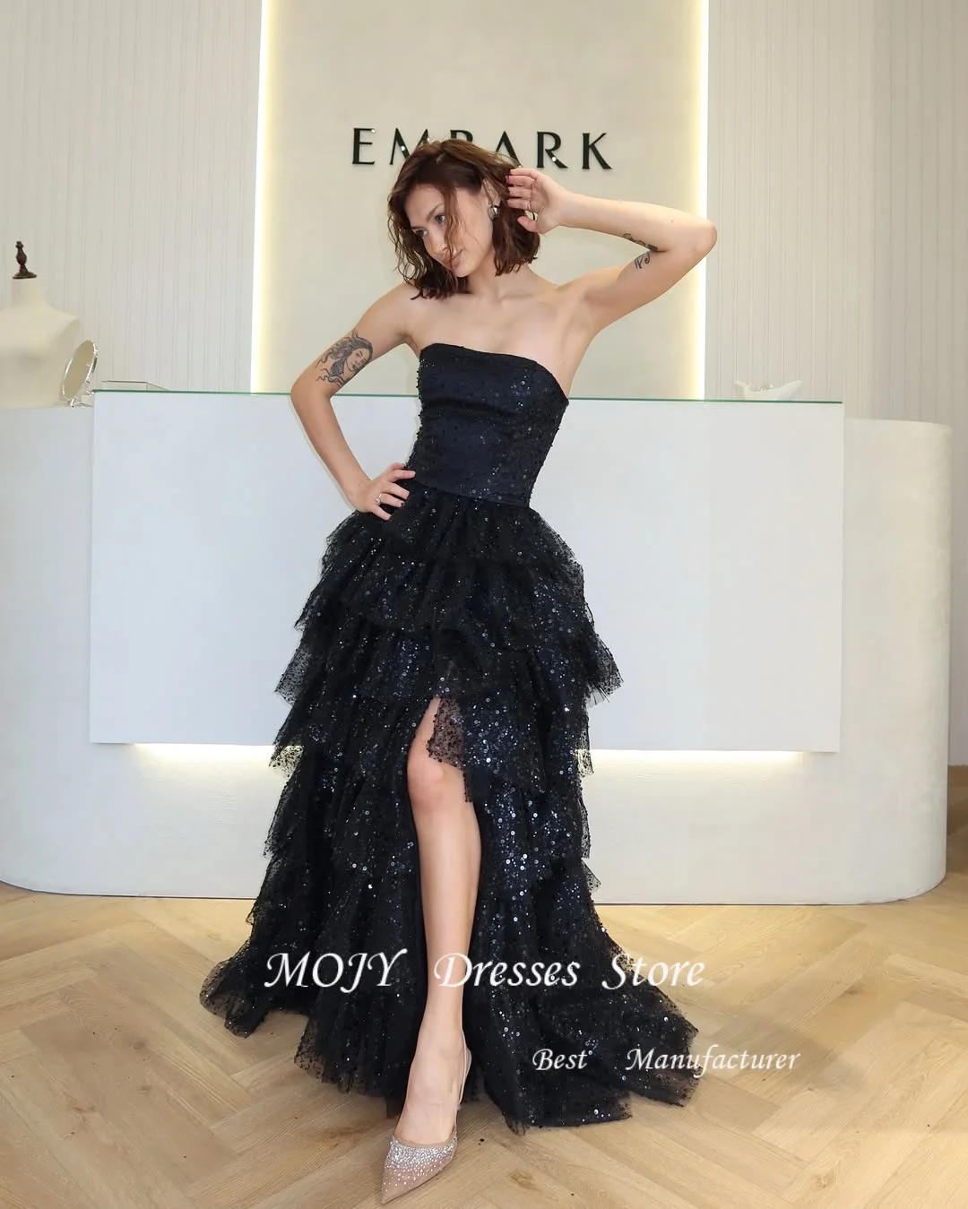 Mojy Shinny Spray gold Tulle A-line Evening Dress Sleeveless Tiered Prom Gown Side High Slit Formal Event vestido Customized