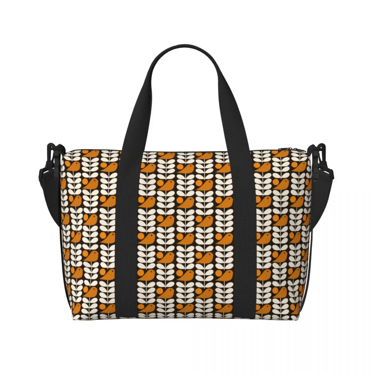 Custom Large Multistem Birds Black White Orange Tote Bag Women Orla Kiely Scandi Shopping Shoulder Gym Beach Travel Bag