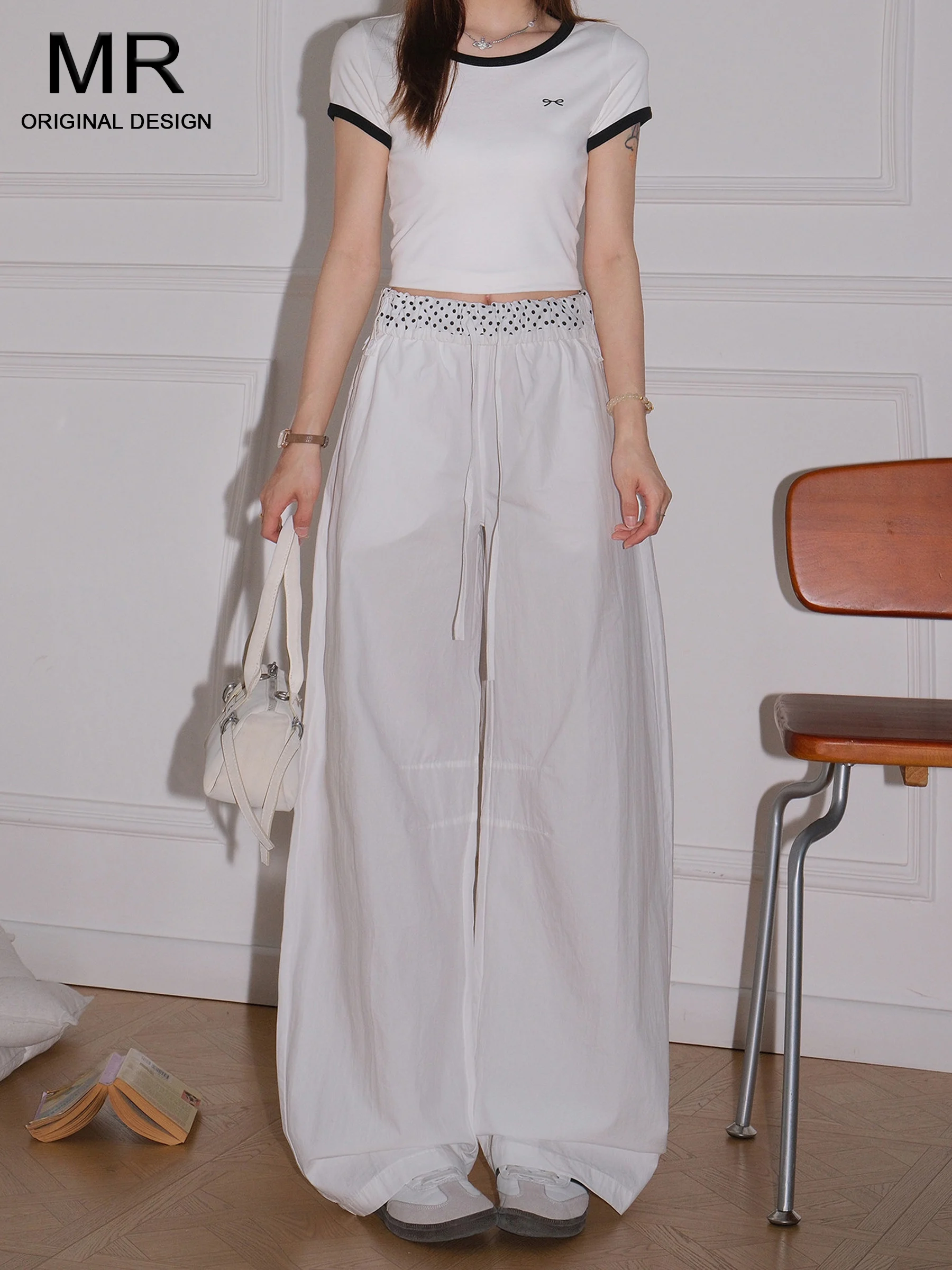 

American Retro Women's Straight Leg Casual Pants Summer Loose Wide Leg Cotton Trousers High Waist Elastic Waistband