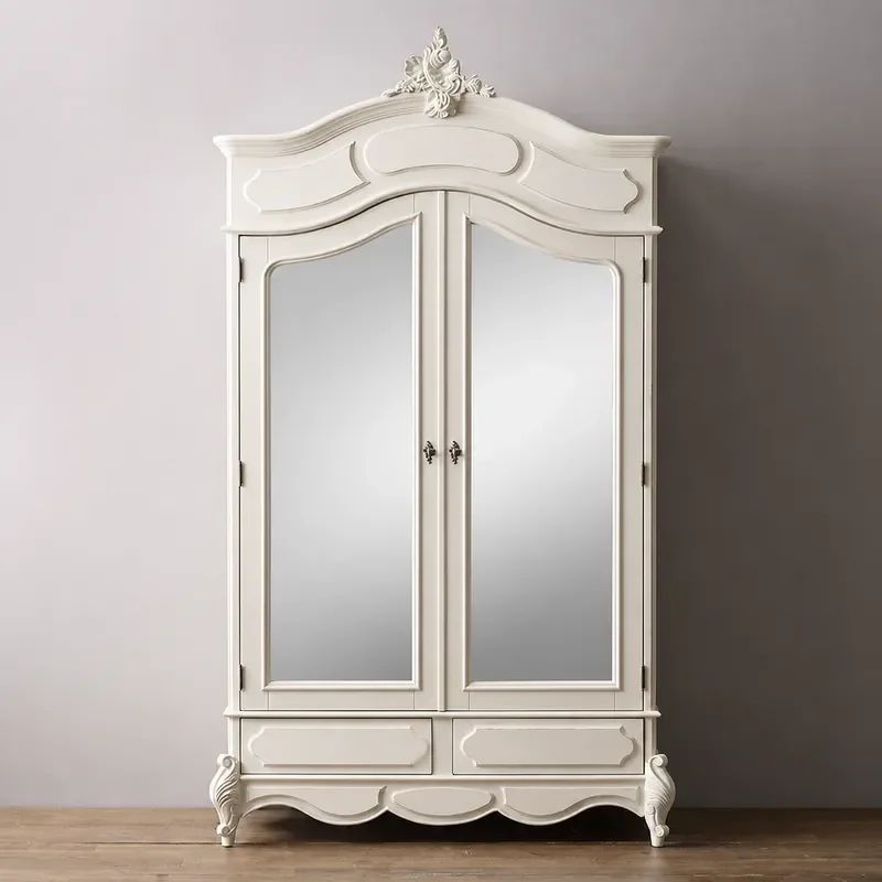 Solid Wood Wardrobe Double Door with Drawer Bedroom Storage Cabinet Small Closet for Home Organization White Finish