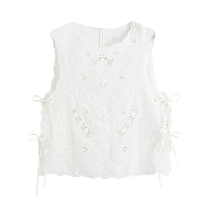 2026 New Boho Vintage Women Hollow Embroidered Sleeveless Blouse Scallop Trim Side Bow Tie Cropped Summer Casual Tank Top