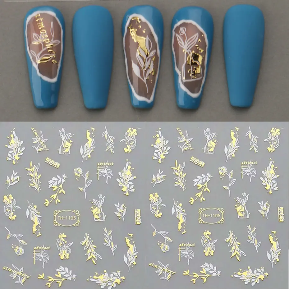 2 Stück 3D-Bronzing-Blätter-Aufkleber für Nägel, abstrakte Linien, Malerei, Abziehbilder, weiße Streifen, Blumen, selbstklebende Schieber, Dekoration