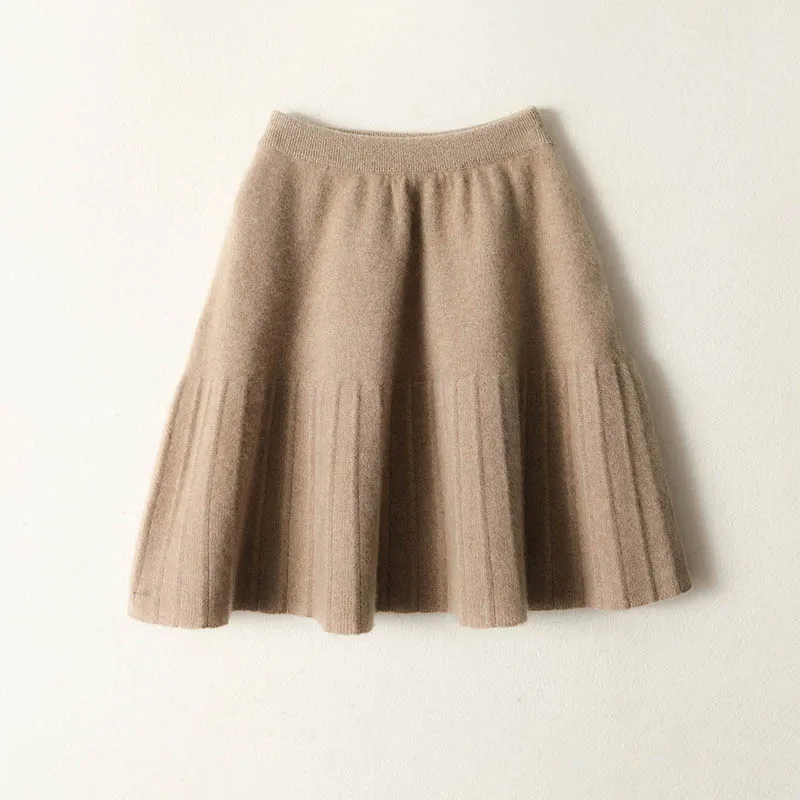 

100% Wool Women's Pencil Mini Skirt with (Yuanbao Stitch) Hem, Solid Color Slim Fit Knitted Wool Skirt