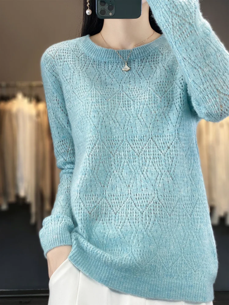 2024 New Design Spring Hollow Out Knitwear Meirno Wool Sweater Women Cashmere Sweater O-Neck Knitted Clothing Top