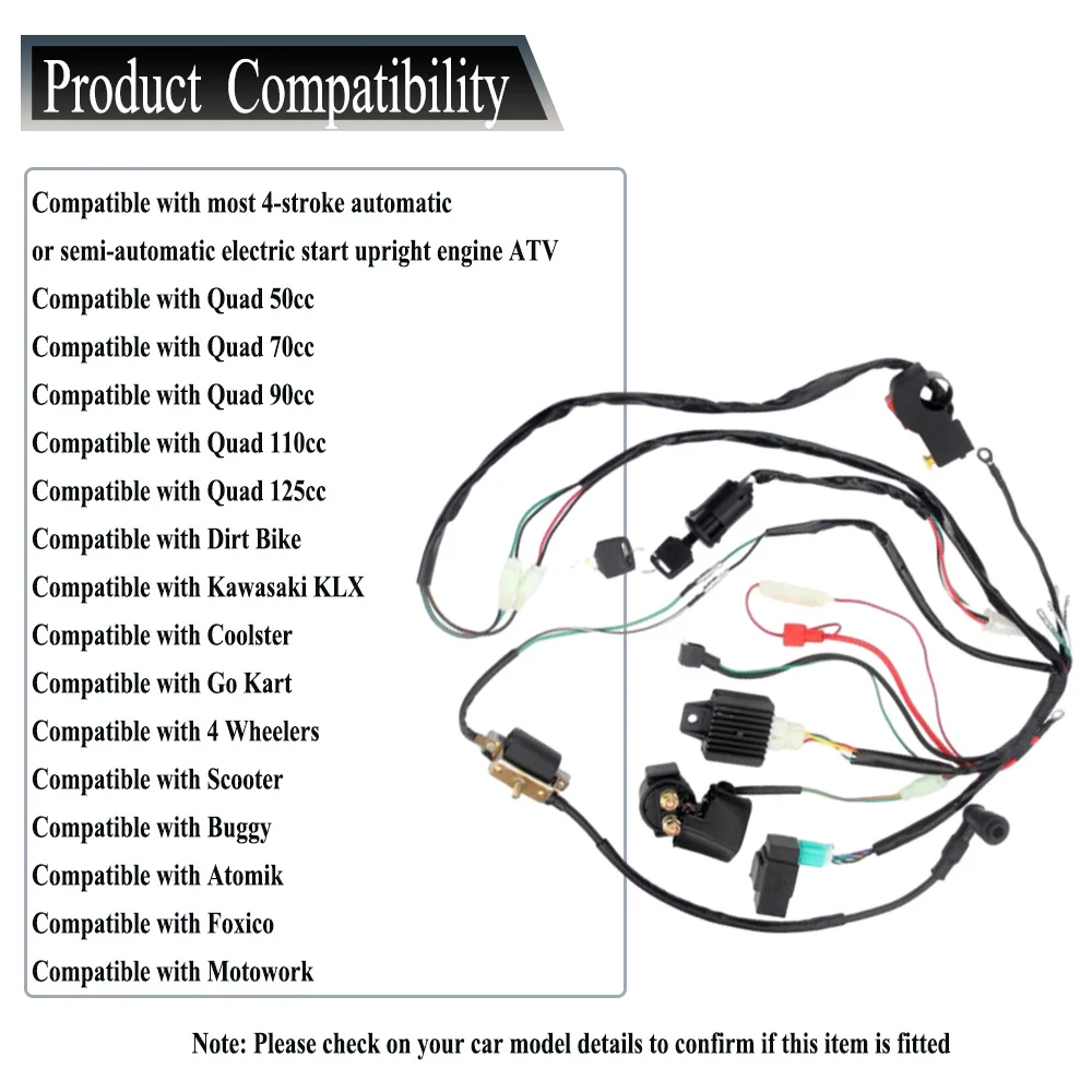 Wiring Harness Wire Loom CDI Ignition Coil Kit for 50cc 70cc 90cc 110cc ATV Electric Quad