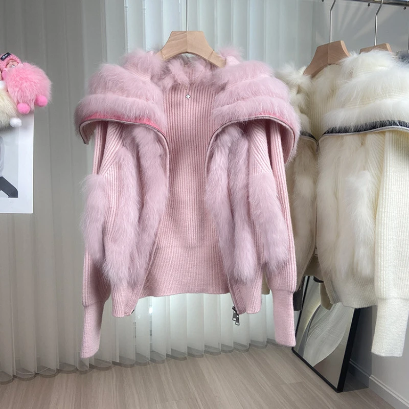 Winter Imitation Rabbit Fur Knitted Cardigan Faux Fox Fur Striped Sweater Coat Big Fur Sailor Collar Knitwear Jacket Zipper Tops
