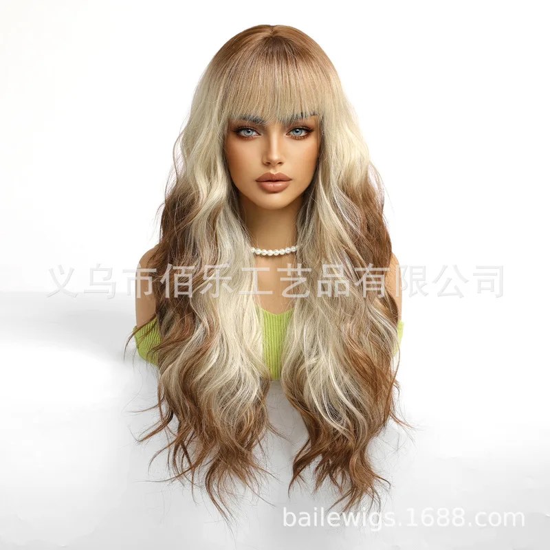 European and American style synthetic wig with brown gradient highlights, long curly hair, full head cover for women