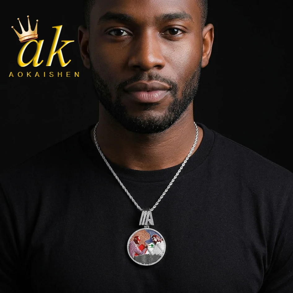 

Aokaishen Iced Out Disc Wrist Wrestling Necklace Pendant for Men Real Gold Plated Cubic Zirconia Hip Hop Jewelry