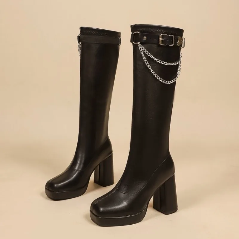 

Ladies Knee High Shaft Shoes Chain Middle Heel Pointed Toe Women's Long Boots Spring Autumn Comfortable and Elegant Quality Sale