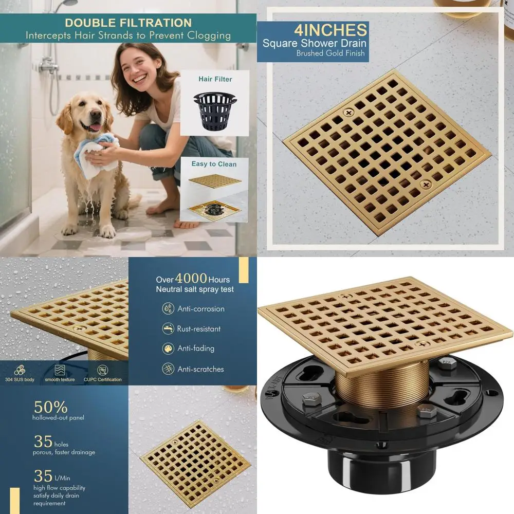 

Champagne Bronze 304 Stainless Steel Square Shower Drain Kit with ABS Grate and Hair Catcher for 2/3 Pipes