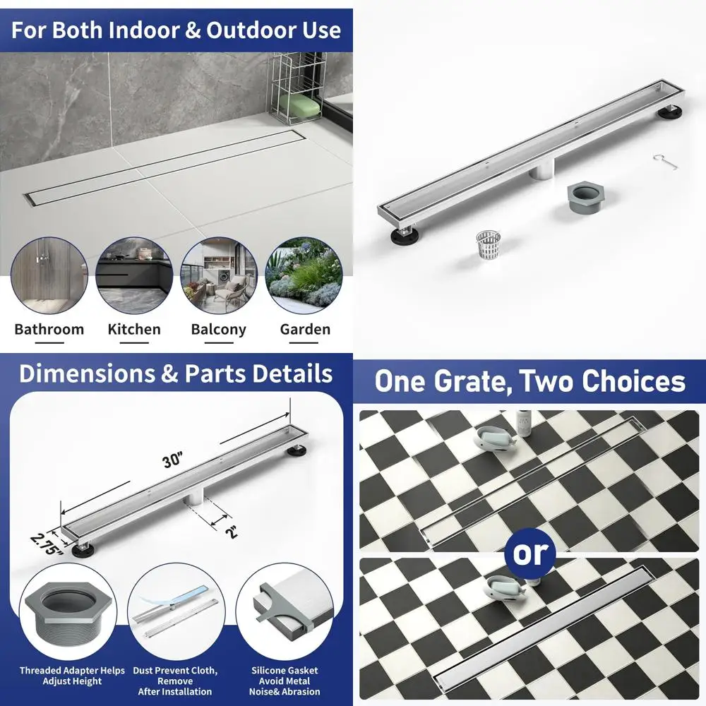 

30 Brushed Stainless Steel Shower Floor Drain with Tiled Insert and Hair Catcher, CUPC Certified