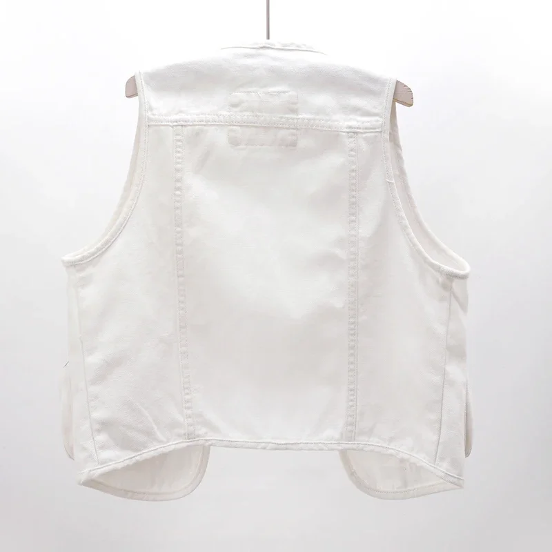 Summer White Denim Vest Women Waistcoat Korean Fashion Loose Big Pocket Sleeveless Jacket Coat V-Neck Short Jeans Vests Female