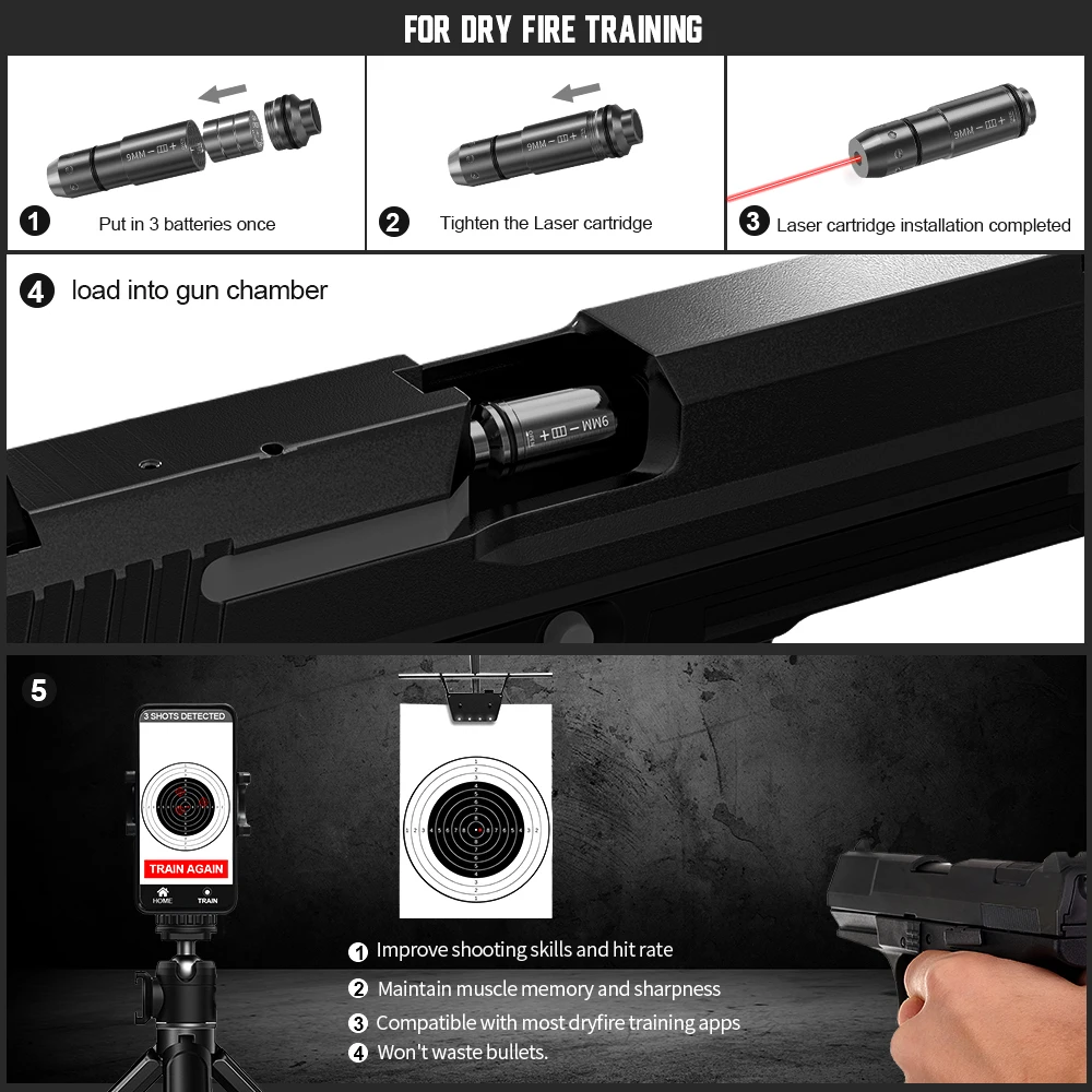 9mm Red Dot Laser Training Cartridge - Ultra-Long Battery Life for Dry Fire Laser Training