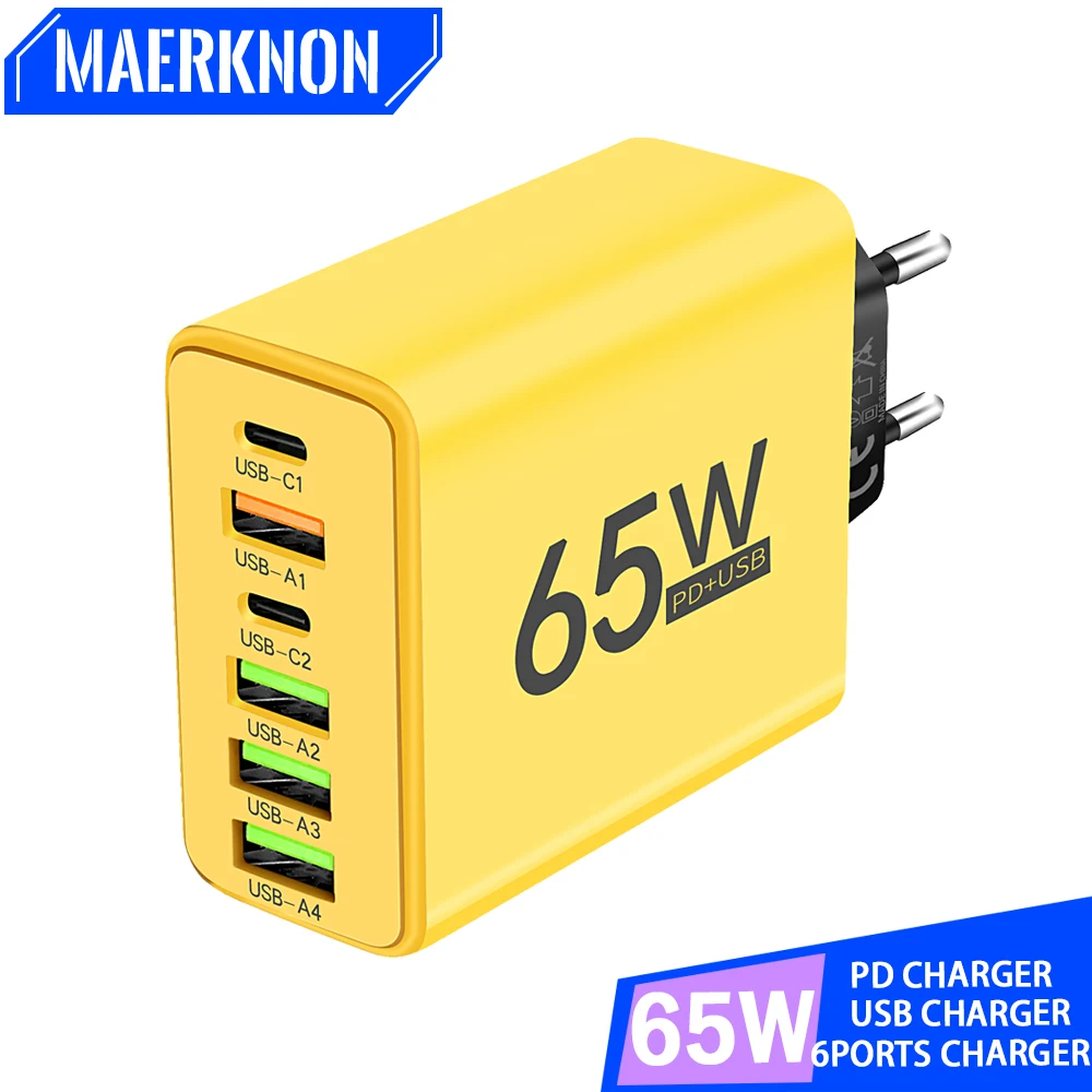 Cargador de pared de carga rápida para teléfono móvil, adaptador de 65W, 6 puertos USB tipo C, 3,0, para iPhone, Samsung, Xiaomi, Huawei