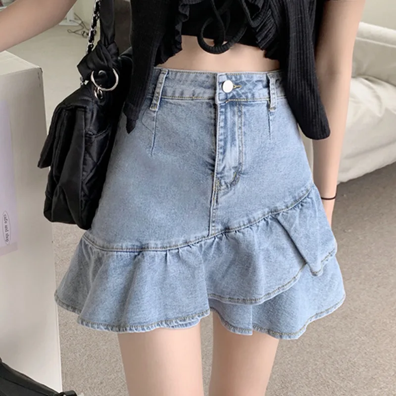 Women Summer High Waist A-Line Mini Cake Jeans Skirt Vintage Washed Pleated Ruffles Layered Tiered Casual Slim Denim Streetwear