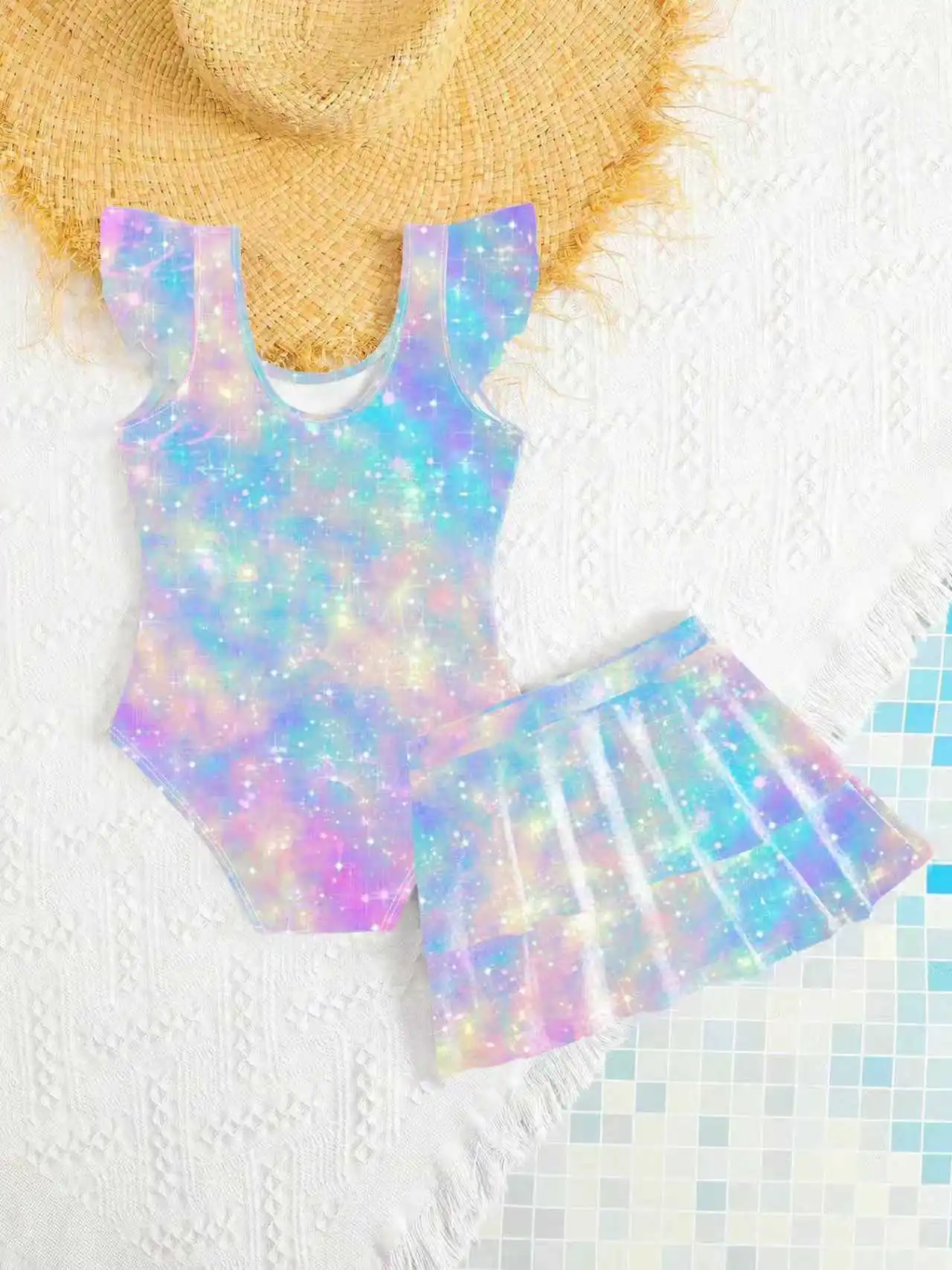 Kids Girls 2 Piece Galaxy Tie Dye Print One Piece Swimsuit with Ruffle Skirt Cover Up Summer Beach Swimwear
