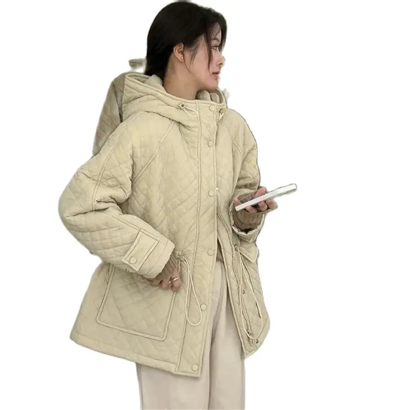 

winter 2023 New Thick Warm Coat For Women Feels relaxed And Versatile Hooded Drawstring Waist Button Long Casual Outcoat