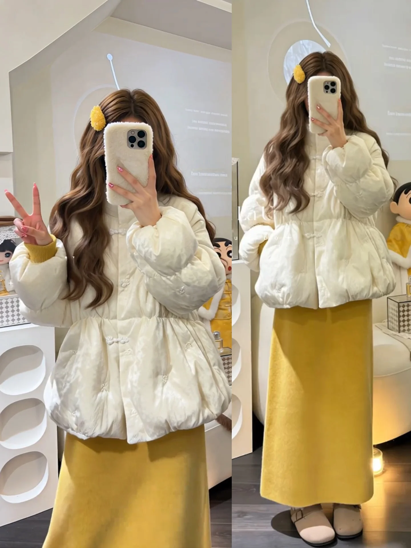 

Winter Cotton Jaet Skirt Set Women's Loose Fit Warm Faionable New Chinese Sle Two Piece Suit High Waist Button up Coat
