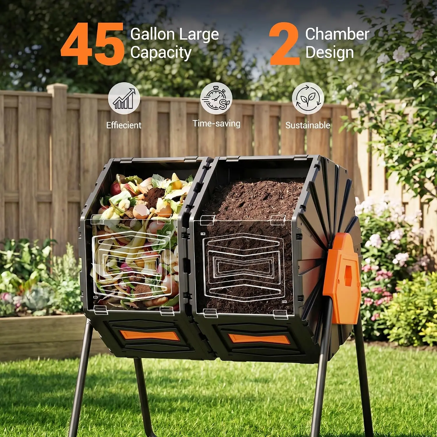Composter Tumbler Outdoor, 45Gal Dual Chamber Batch Rotating Compost Tumbler, Easy Assembly/UV Resistant/BPA-Free/HOA Friendly