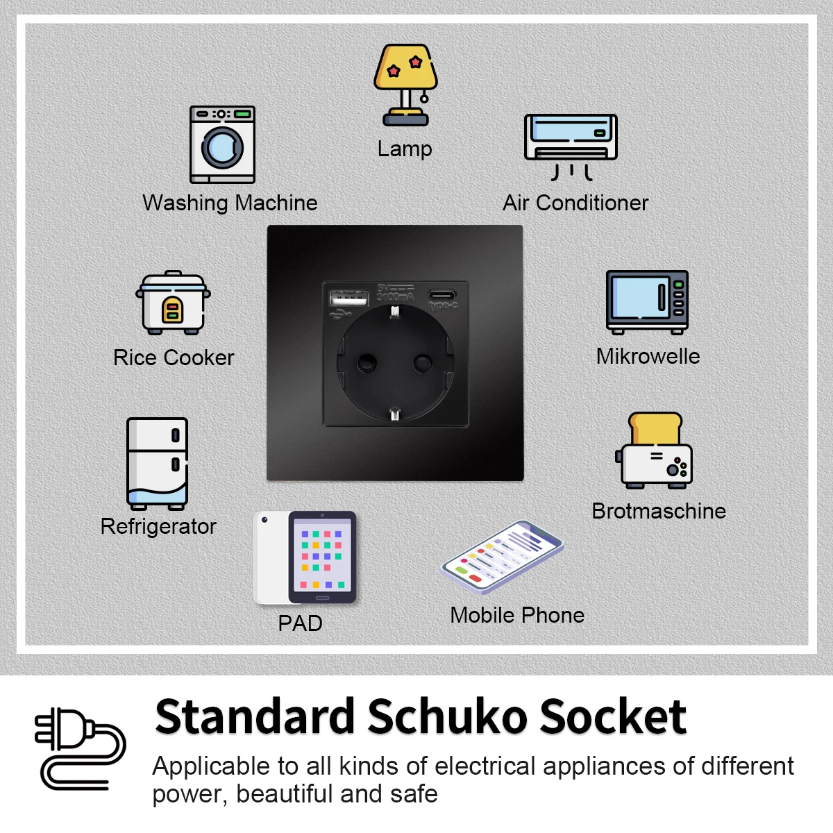 Light Push Switch EU Wall Sockets Home Wall Switches 1/2/3Gang 1Way Plastic Frame Panel USB Type-c Phone Charge Wall Sockets