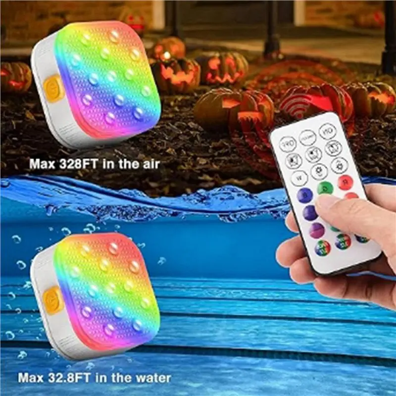 Premium-2X Rechargeable Submersible Pool Lights With Remote, IP68 Waterproof 16 Color Changing LED Lights With Glue