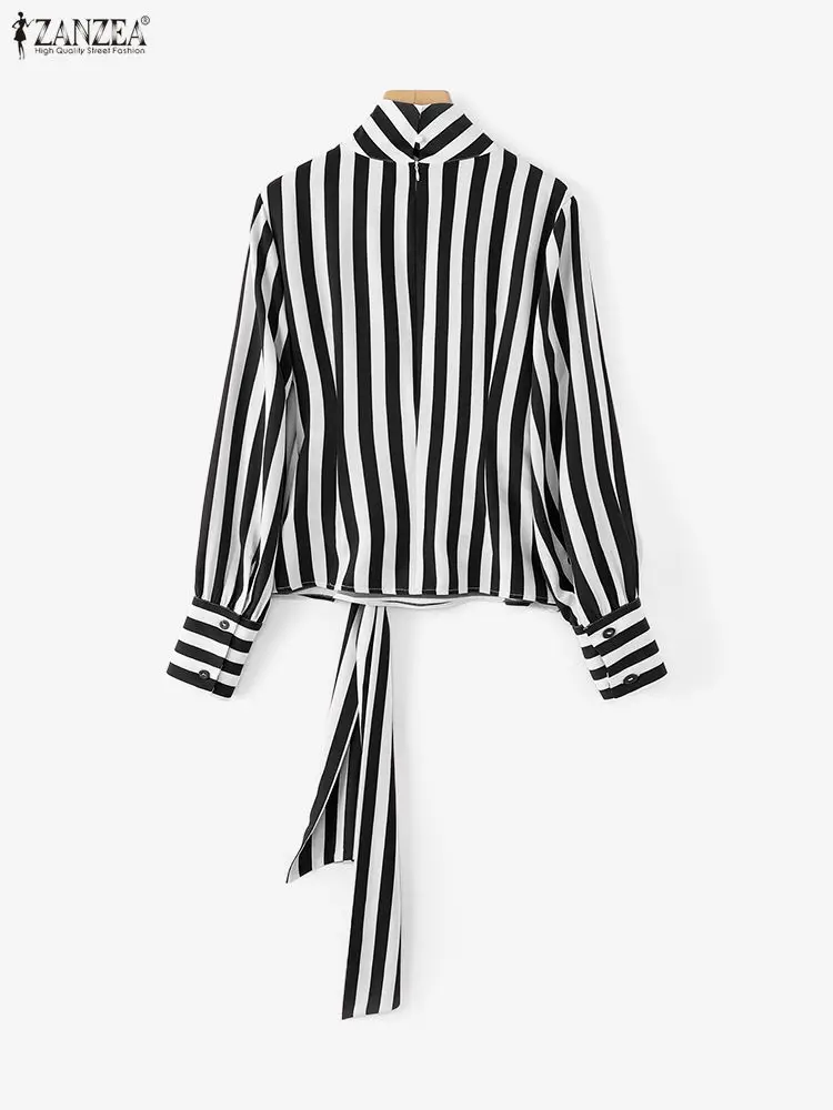 ZANZEA, blusas a rayas con lazo en la cintura para mujer, moda de otoño 2025, Tops de cuello alto recortados de manga larga, ropa de calle para mujer