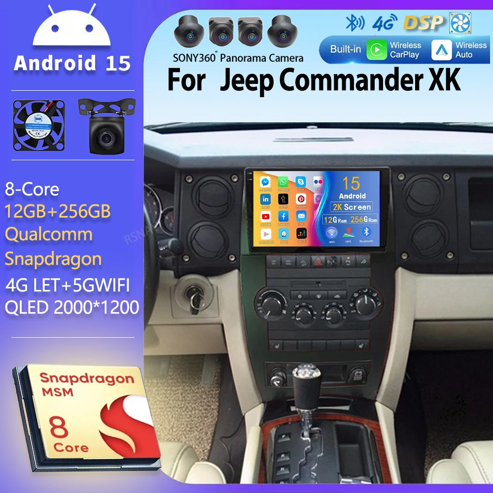 Android 15 Autoradio Per Jeep Commander XK 2007 Lettore Multimediale di Navigazione Stereo WiFi + 4G Video DSP BT Carplay Auto Wireless