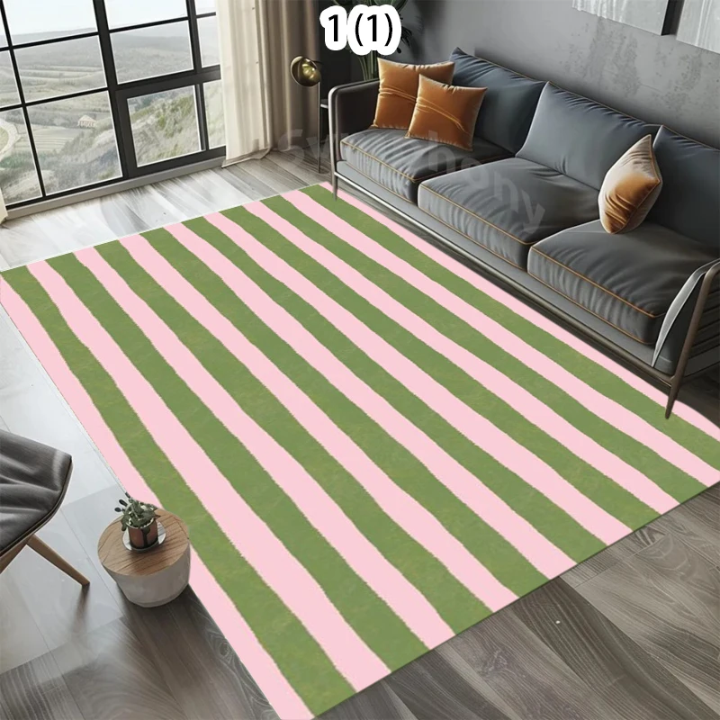 Pink Green Striped Area Rug Non Slip Washable Carpet Retro Color Block Doormat for Entryway Living Room Bedroom Cozy Decor