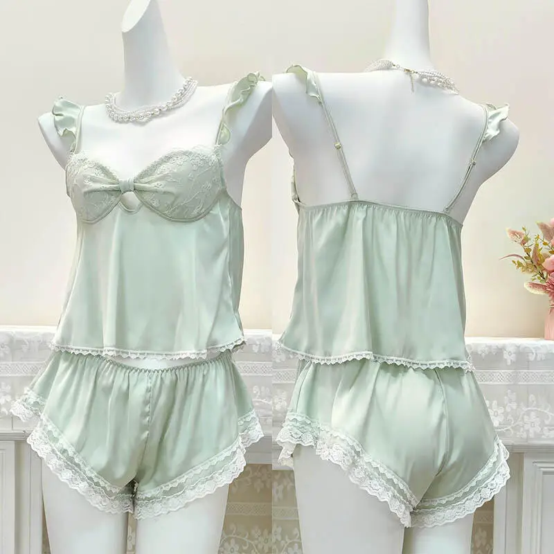 

Green Trim Cami Top Shorts 2Pcs Satin Lingerie Suit Princess Style Lace Trim Pajamas Suit Summer New Pyjama Femme Loungewear