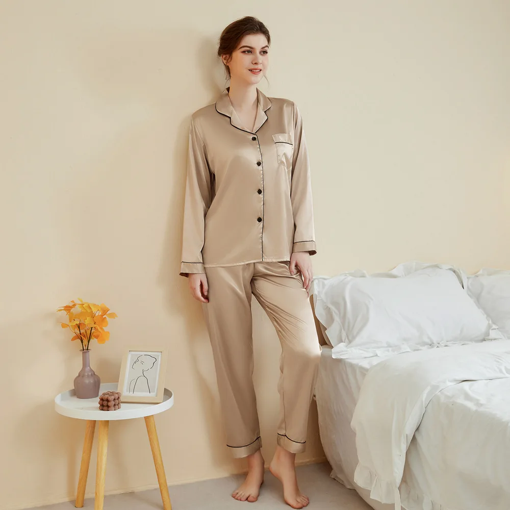 

Новое весеннее поступление, пижамный костюм с длинным рукавом, однотонная ночная рубашка, 2 предмета, женский шелковистый атласный домашний костюм, базовая рубашка и брюки, одежда для дома