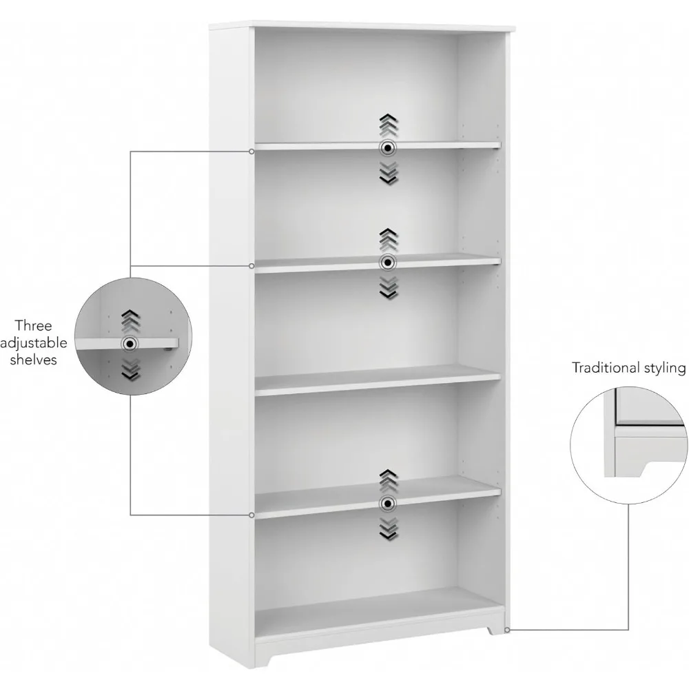 5 large open bookshelves, solid white display cases for library, living room, and home office