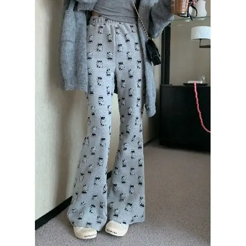 

Printed Micro-flare Trousers Gray Cat Casual Pants for Women in Spring and Autumn Straight Walk Pants Drape Trousers