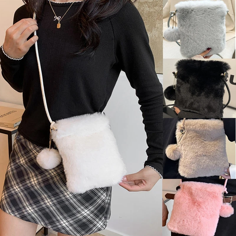 

Plush Phone Bag Autumn and Winter Solid Color Elegant Women's Durable Girl Fur Hanging Rope Bag Crossbody Coin Purse