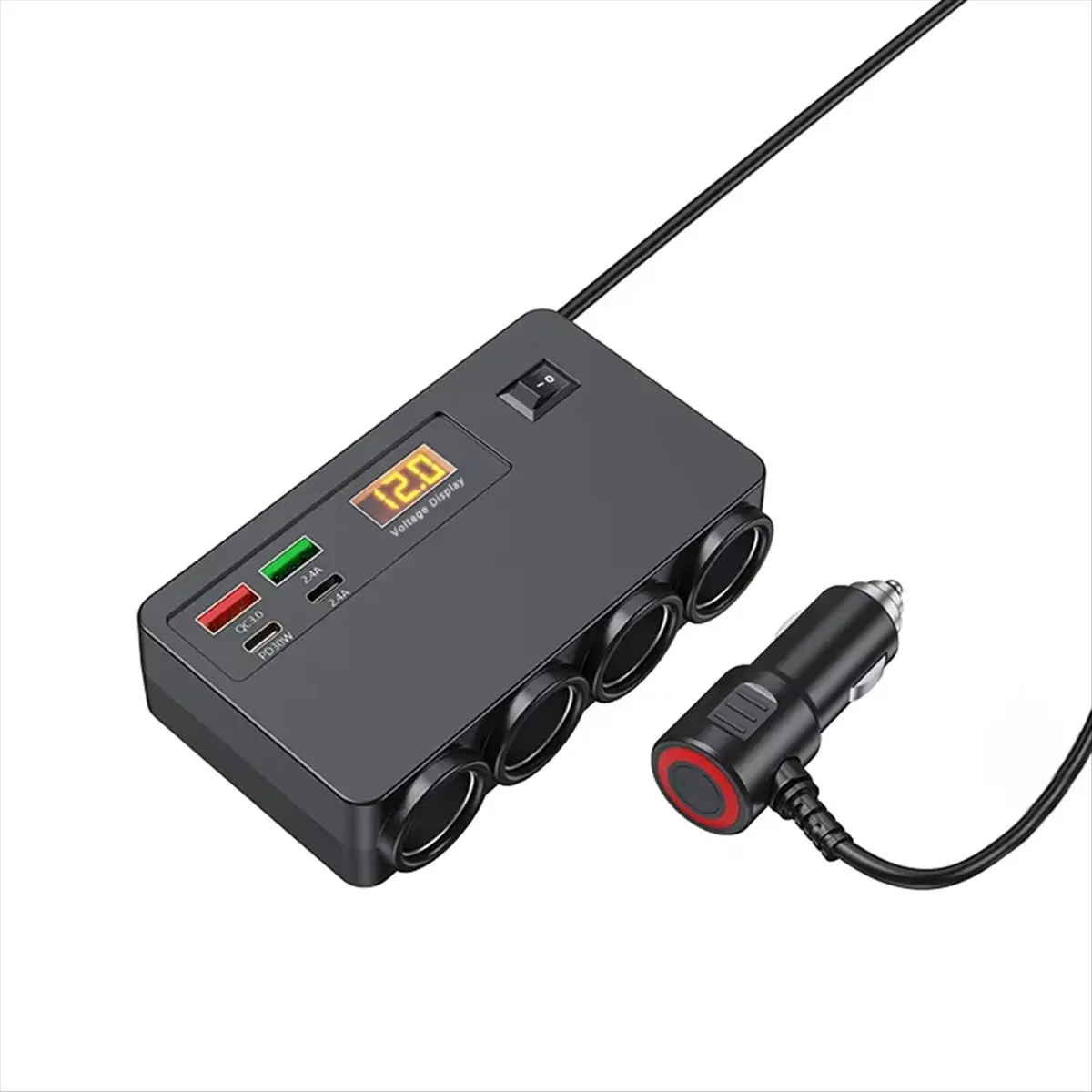 B09A 120W Multi-Functional Vehicle Charger USB/TYPE-C Fast Charging Four Conversion Interfaces, with Digital Voltage Display