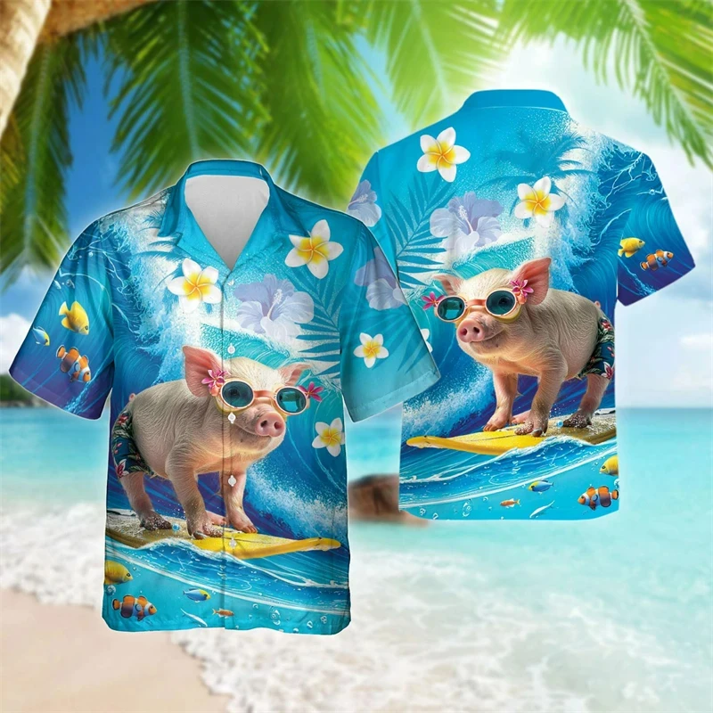 Summer Hot Sale Hawaiian Shirt For Men 3d Funny Surfing Pig printed Men's Beach T-shirt Oversized Cool Blouse Clothes Streetwear