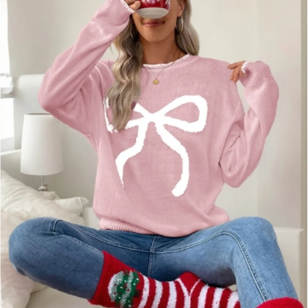 2024 Christmas Eve Loose Casual Sweater Women O-Neck Spliced Bow Long Sleeves Knitted Top Autumn/Winter New Year Pull Femme