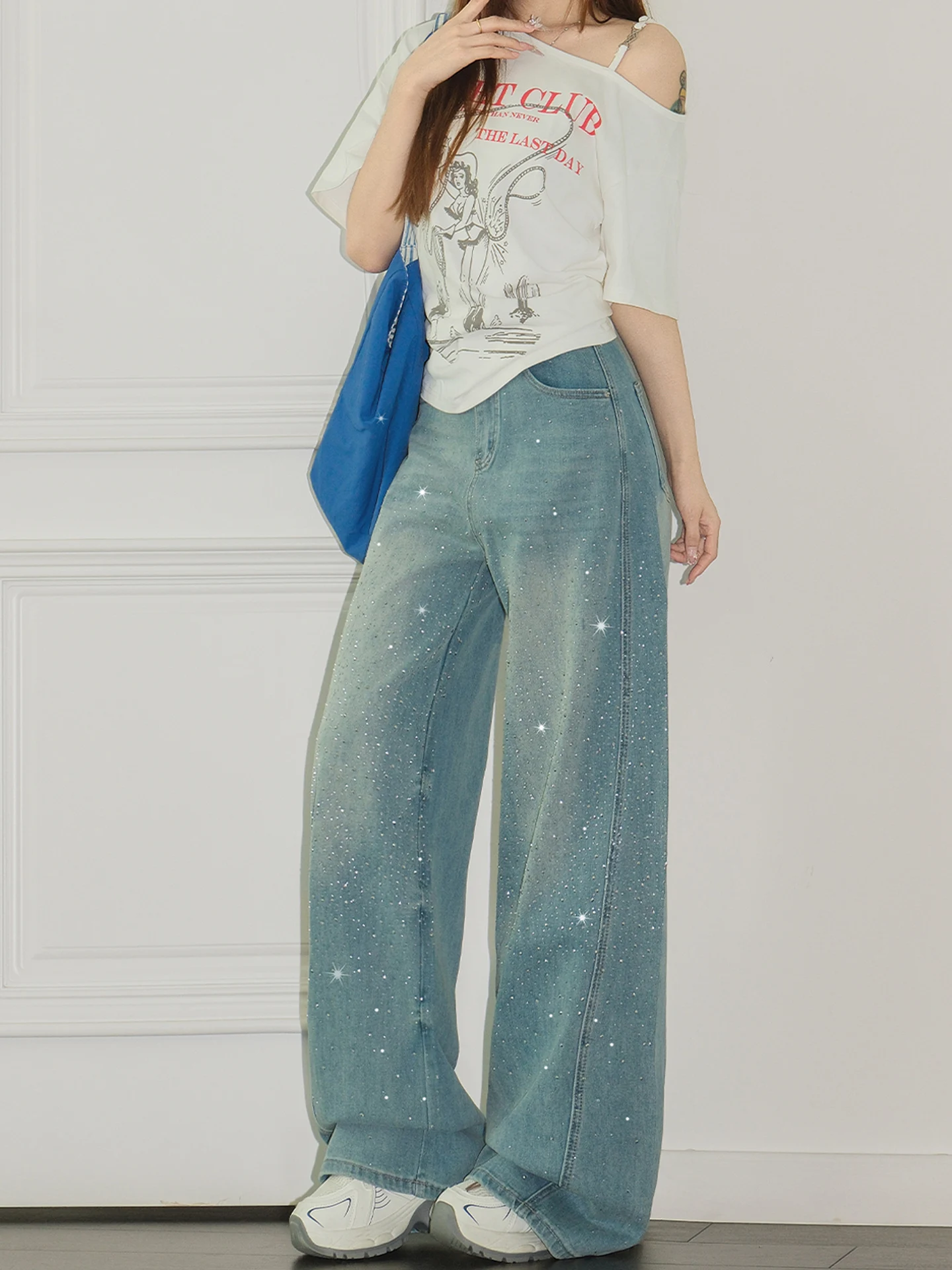 Slimming Wide Leg Jeans Women's Spring 2026 New Style High Waist Casual Cotton Denim Knife  Sequin Embellished Loose Fit
