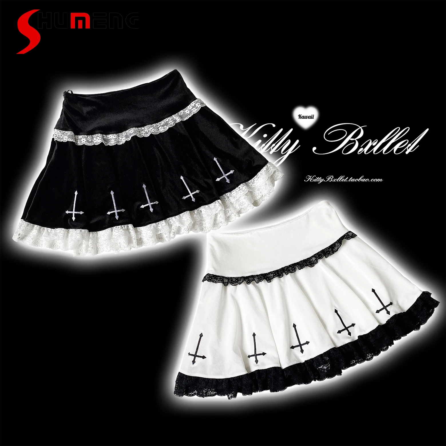 

Japanese Style Mine Cross Embroidery Black Mini Skirts Women's Spring and Autumn Fashion High Waist Lace Edge Sweet A-Line Skirt