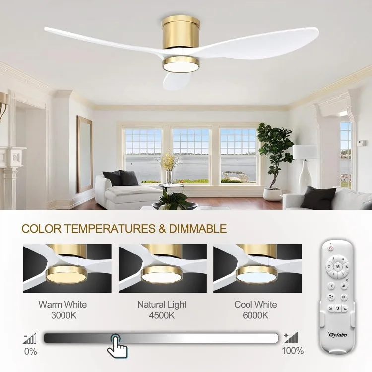 Ventiladores de techo inteligentes de madera maciza con Control remoto de luces, ventilador de techo de montaje empotrado de perfil bajo moderno, oro blanco, 3 aspas, 52 pulgadas