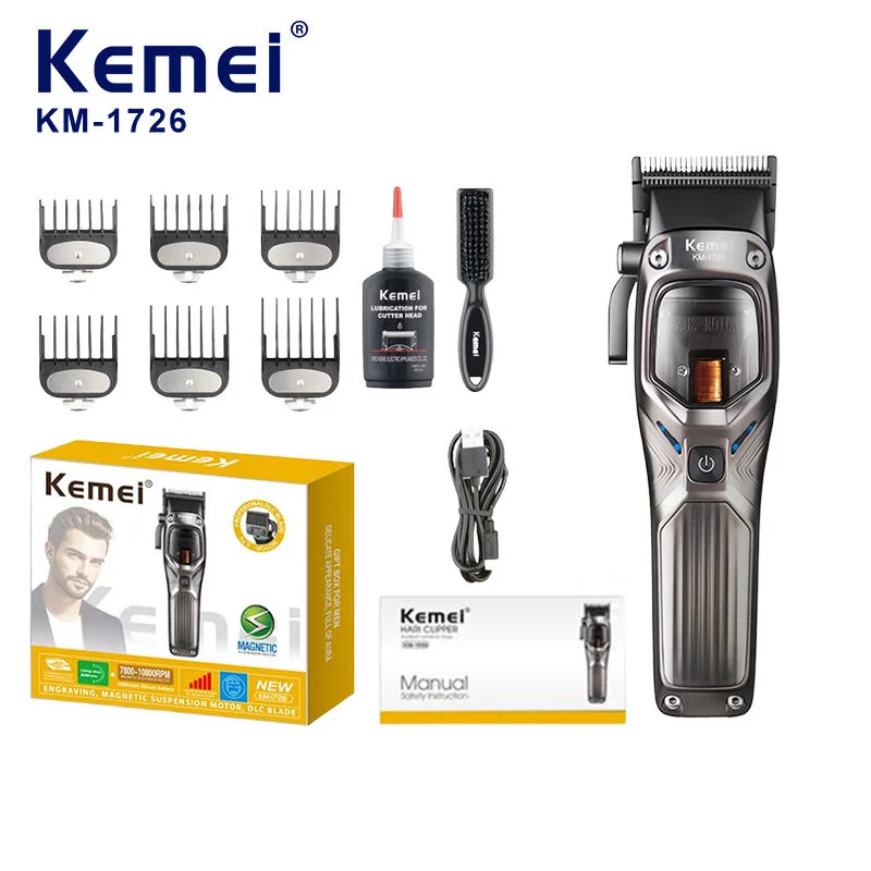 

KEMEI KM-1726 Профессиональная машинка для стрижки волос для мужчин с лезвием DLC, 10000 об/мин, магнитный векторный двигатель, мужская машинка для стрижки волос, парикмахерская